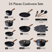 Sensarte Ceramic Nonstick Cookware Set, 24 Pieces, Die-Cast Aluminum, Induction Compatible, Matte Black