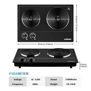 Cusimax CMHP-C180B 1800W Countertop Double Cast Iron Burner,Portable Electric 2-Burner