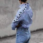 Elegantia Goods Blue Striped Button-Down Shirt for Women, Lightweight Polyester, Long Sleeve, Funnel Neck, Loose Fit