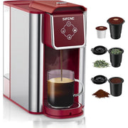 SiFENE 3-in-1 Single Serve Coffee Maker, K Cup Pods, Ground Coffee, Tea, 50 oz Removable Water Reservoir, Stainless Steel, Compact Design, Red, SIF-KC101