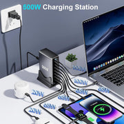 Eshufta5 500W USB-C Fast Charger, 8-Port Charging Station with GaN III Pro Technology, Dual 100W PD PPS Ports, Multi-Device Support, Black