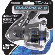 Tsunami Barrier II Spinning Reel, Saltwater Durable with 7 Seals, 3+1 Stainless Steel Bearings, Hybrid Drag System, Lightweight Aluminum Spool, Blue, Size 3000, TSBARII3000CP