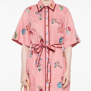International Selection Women Floral Cotton Linen Casual Dress, Short Sleeve, Tie Waist, Pink