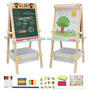 SaveJoy 17121704866 Kids Art Easel, Double-Sided Adjustable Standing Drawing Board with Paper Roll and Accessories, Blue