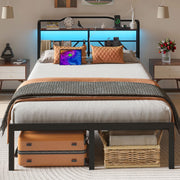 NISIEN Queen Size Bed Frame with LED Storage Headboard, RGB Lights, Charging Station, Metal Platform, Black