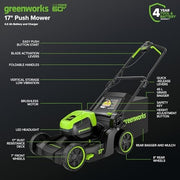 Greenworks 60V 17 in. Brushless Cordless Push Lawn Mower, 2-in-1 Mulching and Bagging, 4.0Ah Battery and Charger, MO60L419
