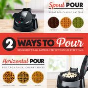 Gourmia Dual Pour Belgian Waffle Maker, 5 Shade Settings, Nonstick Plates, Compact Upright Storage, 800W, Black, GWM468