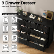 IDEALSOUL Black 9 Drawer Dresser, Retro Wood Storage Cabinet with Round Bronze Handles, Spacious Combo Design for Bedroom, Living Room, Hallway