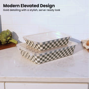 Thyme&Table 4-Piece Checkered Stoneware Baking Dish Set with Lids, Moss Green, Rectangle, Large 4.5 qt and Medium 2.17 qt