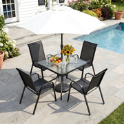 Pirecart 5-Piece Patio Dining Set with Square Glass Table and 4 Stackable Textilene Chairs, Black, BP1024