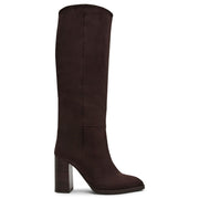DV Dolce Vita Bardonny Women's Knee-High Block Heel Dress Boots, Dark Brown Faux Suede, Pointed Toe, Zip-Up Closure, 3.5-Inch Heel BARDONNY-248