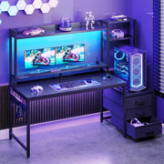 Casacomoda 55 inch Gaming Desk with LED Lights & Power Outlets, Home Office Desk with Reversible Storage Drawers & Monitor Shelves