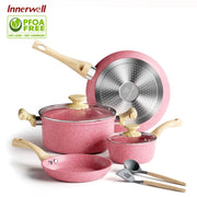 Innerwell IL01-four 8 Pcs Nonstick Cookware Set Granite Stone Kitchen Frying Pan Set Cookware with Stay Cool Handles - Pink