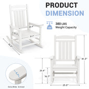 KINGYES Outdoor Rocking Chair Set of 2, Weather-Resistant HDPE Patio Rockers, Ergonomic Lumbar Support, White