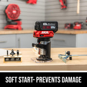 Skil 20V Brushless Compact Router Kit, 1 HP Motor, 4.0Ah Lithium-Ion Battery, Variable Speed, Quick Depth Adjustment, Edge Guide, LED Light, 3-Piece Bit Set, RT1430B-10