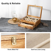 Honiway 2-Layer Wood Silverware Storage Box with Glass Lid, Drawer, Soft Linen Liner, Brown, 14.5x10.6 in, W5-015101