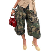 Yyy Women Camo Cargo Pocket Wide Leg Pants, Loose Fit, Green, Size S