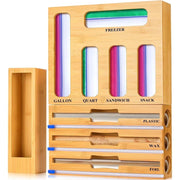 AOKIWO 9 in 1 Kitchen Bag Storage Organizer with Integrated Cutter, Bamboo, Compatible with Gallon Quart Sandwich Snack Sizes