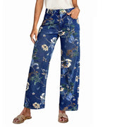 Floral Print Wide Leg Pants for Women, Trendy Mid-Rise Waist, Boho Ankle Length, Blue, Size L