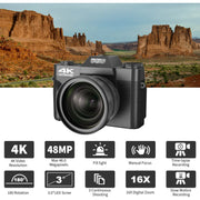 Saneen W01 4K 48MP 16X Zoom Digital Camera, Black