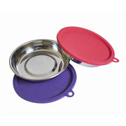 Messy Mutts Cat Feeding Bowl Set, 4 Piece, Stainless Steel Saucer Bowls with Airtight Silicone Lids, 1.75 Cup, Silver, MC043M