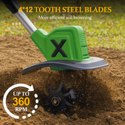 HUSGW 21V Cordless Tiller Cultivator, 9In Clearing Width, 6In Cutting Depth, 4 Steel Tines, Includes 2 4.0Ah Batteries and Charger
