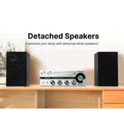 Naxa Electronics Victor Milwaukee 50 Watt Desktop CD Stereo System with Bluetooth, Functioning Square VU Meters, Detached Speakers, Remote Control, Silver