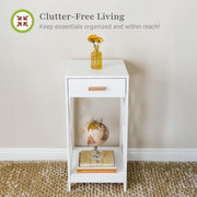 Aleratec Modern Side Table and Nightstand with Pull-Out Drawer, Beechwood Handle, Bottom Shelf Storage, White
