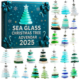 FWTTOM Advent Calendar 2025, Sea Glass Handmade Mini Christmas Tree Shape Advent Calendars with 24Pcs Hanging Ornaments