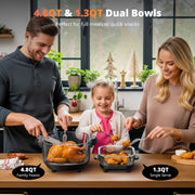 AIRMSEN Portable Glass Air Fryer with Dual Borosilicate Glass Bowls, 4.8QT and 1.3QT, 1500W, Adjustable Time and Temperature, 4 Preset Modes, Dishwasher-Safe, Black
