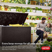 Keter Java XXL 230 Gallon Resin Outdoor Deck Box, Weather-Resistant Rattan Texture, Hydraulic Piston Soft Close, Large Grey Storage