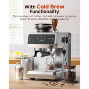 Sunmaki 20 Bar Espresso Machine with Built-in Grinder, Semi-Automatic, 1350W Coffee Maker, Touch Screen, Stainless Steel Body, Milk Frother Wand, 35 Grind Settings, Adjustable Temperature, Cold Brew Mode, CM1626-SV