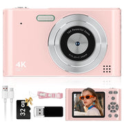 OhhGo Digital Camera, 4K HD Video, 48MP Photos, 16X Digital Zoom with Anti-Shake, Compact Vlogging Camera, Pink, 32GB SD Card Included