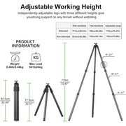 FANAUE Carbon Fiber Tripod, 70.5 in Adjustable Height, 54lb Load Capacity, 360 Degree Ball Head with Arca-Swiss Quick Release, Black