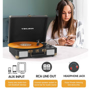 TANLANIN Bluetooth Record Player, 3-Speed Belt-Drive Turntable with Dual Built-In Speakers, USB Recording, RCA AUX Headphone Output, Black PU Leather Case, TE-2021BLACK