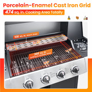 Segmart 4-Burner Propane Gas Grill, Stainless Steel, 50,000 BTU, Side Burner, 474 sq. in. Cooking Area, Built-In Thermometer, Towel Rack, Tool Holder, Lockable Casters