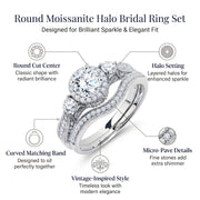 JeenMata 2 Carat Moissanite Round Cut Bridal Wedding Ring Set, Vintage-Inspired Halo Design, 18K White Gold Plated