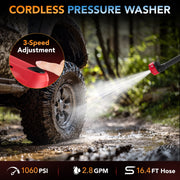 SPEEDWOW Cordless Pressure Washer, 1060 PSI, 2.8 GPM, Brushless Motor, 6-in-1 Adjustable Nozzle, 5.0Ah Battery-Powered, Portable Power Cleaner