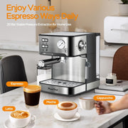 Plum Chef Espresso Machine, 20 Bar Pressure, Silver, Milk Frother Steam Wand, 54oz Water Tank, Low Noise Fast Brew