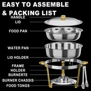 NEWKITCHEN CD-RD6Q-GD4 6QT Chafing Dishes Set, Stainless Steel with Elegant Gold Embellished Silver, 4 Pack, Includes Spoon and Clip