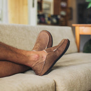 OluKai Moloa Men's Premium Nubuck Leather Slip-On Slippers with Genuine Shearling Lining, Toffee/Dark Wood, Size 9, 10252-290