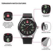 Wenger Terragraph Sport Watch, Swiss Precision, White Dial, Black Leather Strap, Water Resistant 100m, WG010541126