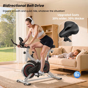 Patbrela Indoor Exercise Bike, Quiet Bidirectional Belt Drive, 100-Level Adjustable Resistance, Compact Silver Design, Adjustable Seat and Handlebars, Supports Up to 280 lbs, QK101