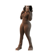 ZenithTrend Womens Activewear Set, Bodycon Long Sleeve Crop Top with Flared Sleeves, High Waist Flared Pants, Brown