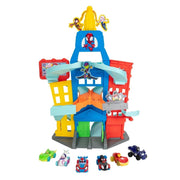 Jazwares Marvel Spidey and Friends Amazing Metals City Track Set, 24-Inch Tall Multi-Level Playset with 2 Racetracks, 9 Action Zones, and 6 Die-Cast Vehicles