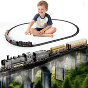 TOPFOX Classic Electric Train Set with Realistic Sounds and LED Lights, 14 Tracks, Locomotive, Coal Car, Log Car, Passenger Car, Child-Safe ABS Plastic