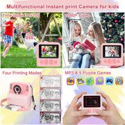 Yexmas 12MP HD Instant Print Digital Kids Camera 1080P With 32G SD Card for Age 3-12 (Pink)