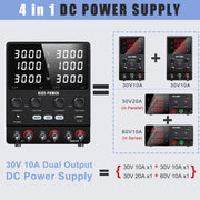 NICE-POWER SPS3010-2KD Dual DC Power Supply, 4-in-1 Variable Output, 30V 10A Independent, 60V 10A Series, 30V 20A Parallel, High Precision Digital Display, Metal Compact Design