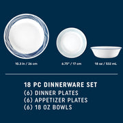 Corelle Acadia 18-Piece Dinnerware Set, Triple-Layer Vitrelle Glass, Blue Pattern, Service for 6, 1152252
