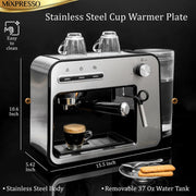 Mixpresso Professional Espresso Machine, 15-Bar Pump, 1450W Fast Heating, Milk Frother Steam Wand, Double-Cup Splitter, 37oz Water Tank, Stainless Steel